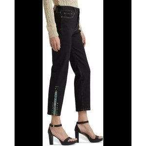 NWT Ralph Lauren Beaded High-Rise Straight Cropped Jeans in Black Rinse 28